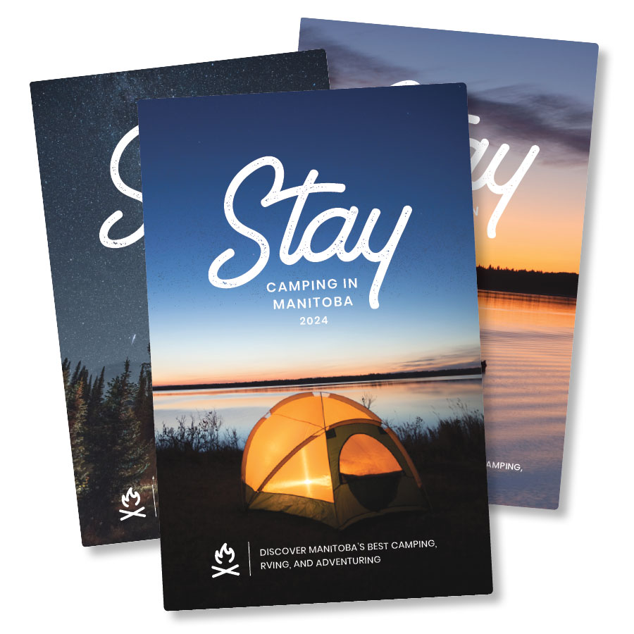 A group image of the covers of the 2022, 2023 and 2024 Stay - Manitoba Campground Guides
